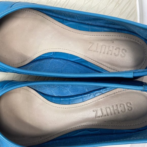 Schutz Teal Ballet Flats Size 7 Turquoise Blue Leather Shoes Bow Square Toe - Picture 6 of 10